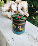 Antique Vintage Floral Cloisonne Enamel Blue Black Trinket Lid Jar Tea Caddy