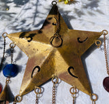 Vintage Metal Gold Brass Star Bells Multicolor Glass Beads Wind Chime Garden Art