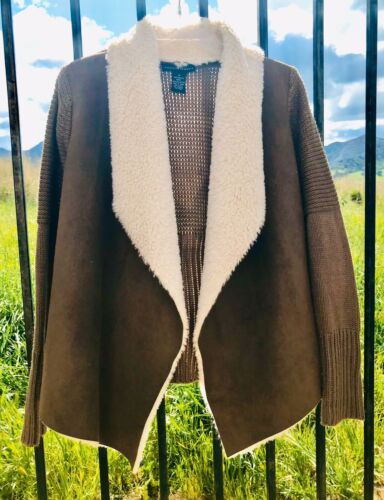 Brown Women's Suede Sweater Knit Sleeve Faux Shearling Cardigan Jacket Size M