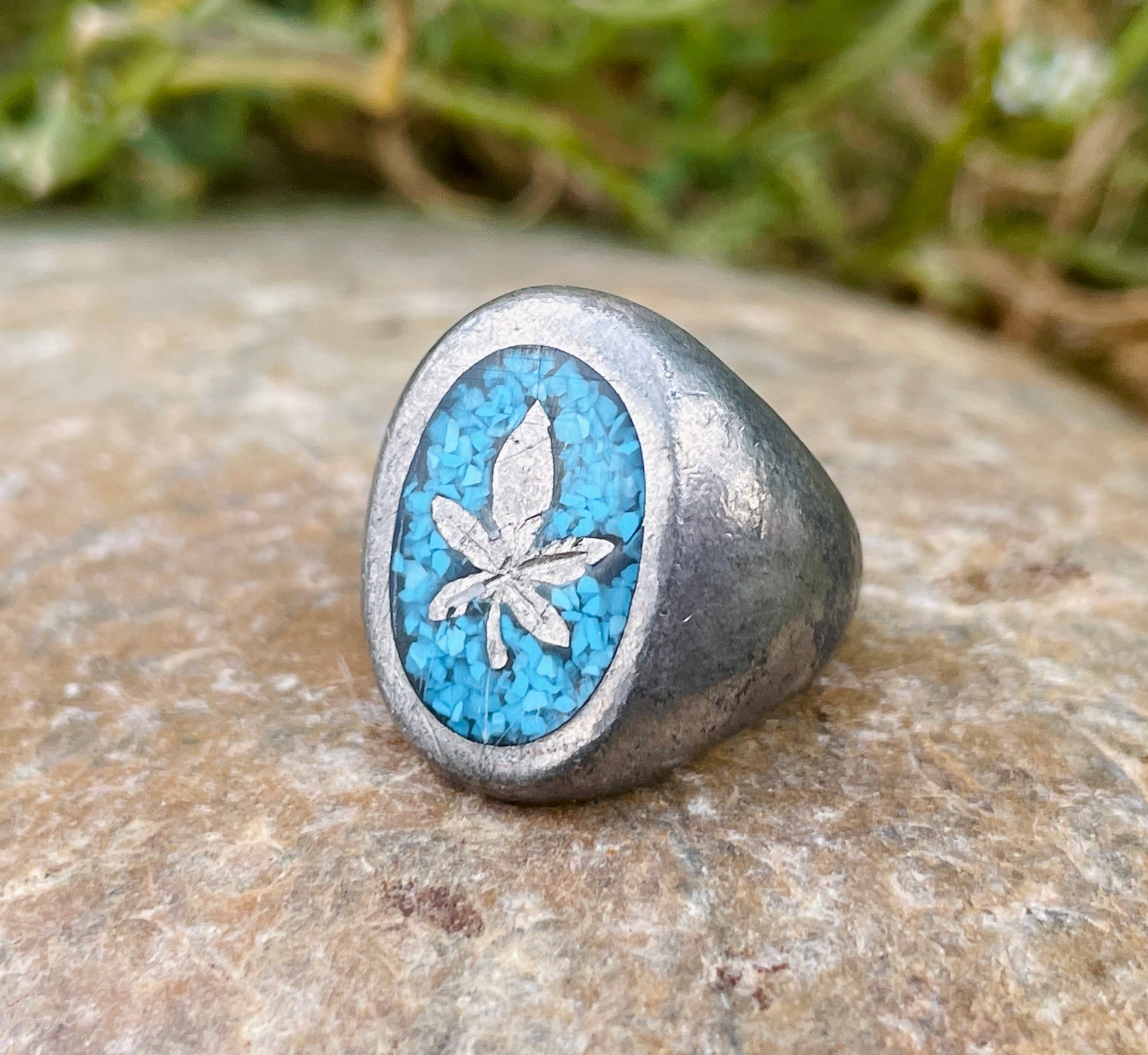 Sterling Silver 925 Weed Marijuana Pot Leaf Turquoise Mosaic Ring