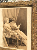 Antique Gold Gilt Frame Mother Reading to Daughter Sepia Portrait Art Picture