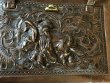 Vintage Handmade High Relief Tooled Leather Brown Purse Bag Mexico Matador Bull