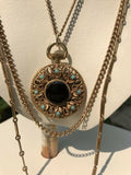 Vintage Ornate Black Onyx + Turquoise Gold Tone Mandala Three Row Necklace