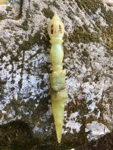 Antique Asian Green Jade Jadeite Stone Carved Phurba Dagger Knife Holder Rare