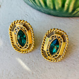 Vintage Gold Tone Ornate Emerald Green Stone Clip on Fashion Earrings