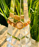 Vintage Designer Lee Sands Gold Tone Mother of Pearl Pink Stone Quartz Watch