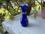 Vintage Cobalt Blue Hand Painted Floral Gold Tone Colorful Blown Glass Art Vase