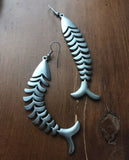 Vintage Silver Tone Skeleton Fish Bone Articulate Moving Dangle Pierced Earrings