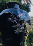 LRG Vintage Abalone Inlay Black Seashell Butterfly Bird Flower Motif Brass Vase