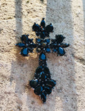 Vintage Sterling Silver 925 Black Onyx Faceted Gem Stone Cross Religious Pendant