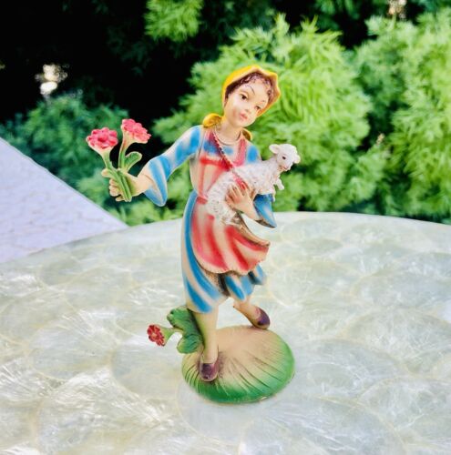 Vintage Hand Carved + Painted Nature Girl Figurine Made In Italy Signed Italy