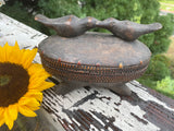 Antique African Tribal Wood Carved Birds Woven Basket w Lid Box Folk Art Decor