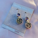 Sterling Silver 925 Amethyst Abalone Mother of Pearl Rose Dangle Earrings7.8g