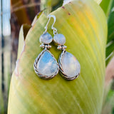 Sterling Silver 925 Moonstone Pear Shape Stone Hinge Dangle Earrings 9g