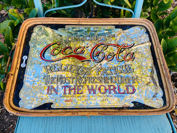 Coca-Cola Vintage 1960's Coke Relieves Fatigue Mirror Serving Tray Wood Handles