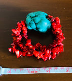 Red Faux Coral Chunky Turquoise Tone Chip Stone Stretch Fashion Bracelet
