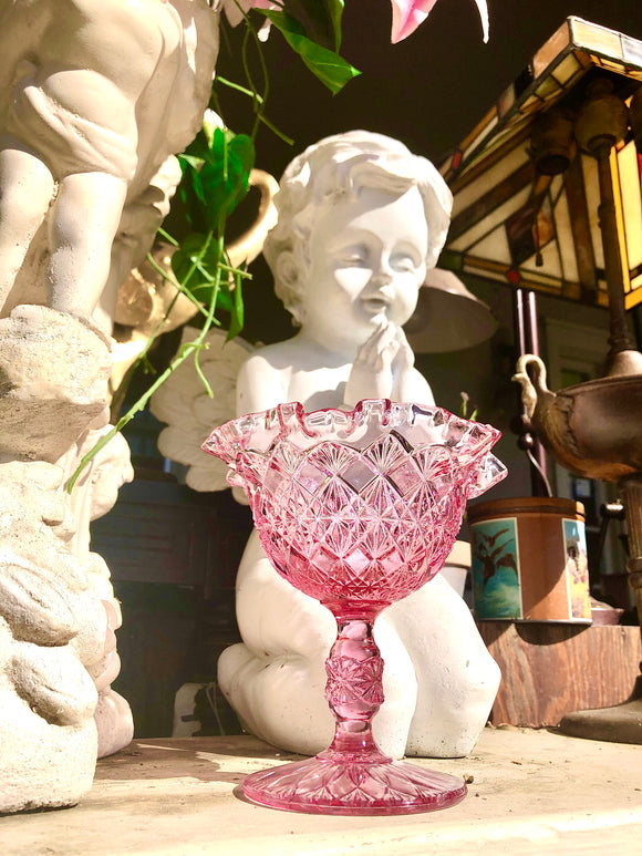 Vintage Ruffle Faceted Pink Art Glass Candy Diamond Lace Goblet Cup