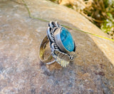Vintage Sterling Silver 925 Turquoise Stone Leaf Feather Ring Large 8.25g Size 4