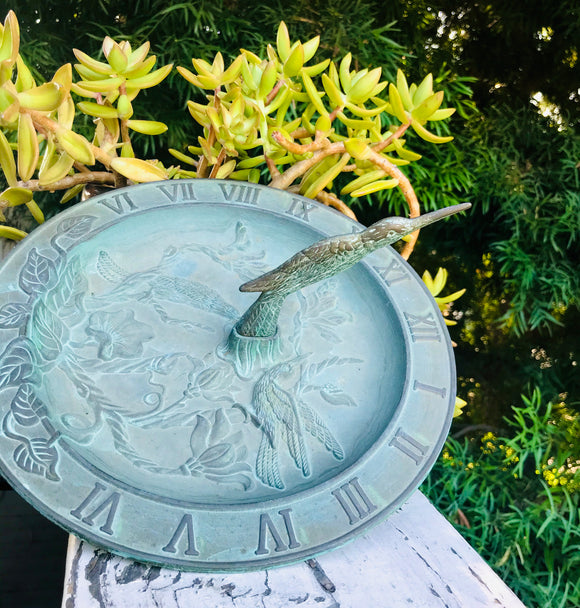 Vintage Verdigris Brass Hummingbird Bird Bath Feeder Sundial Clock Dish Taiwan