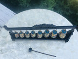 Vntge. Chinese Cloisonne Enamel Graduated Bells Suspended From Carved Wood Stand
