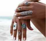 Bohemian Retro Women Fashion Turquoise Band Silver Plated Finger Knuckle Rings 9 Pcs/Set