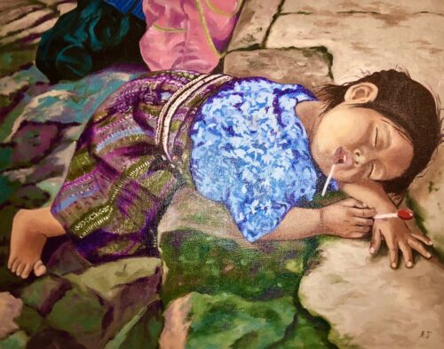 I Am So Sleepy Toddler from Guatemala Oil On Canvas Artist Signed Orgl Painting