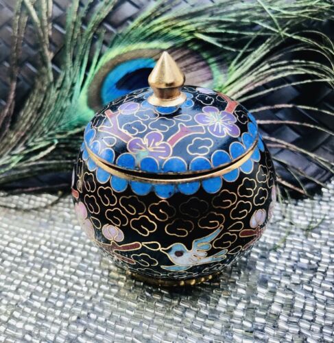 Vintage High Quality Cloisonne Enamel Trinket Pot Floral Bird Motif Bowl w Lid