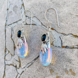 Sterling Silver 925 Opalite Onyx Black Stone Teardrop Dangle Drop Earrings 4.2g