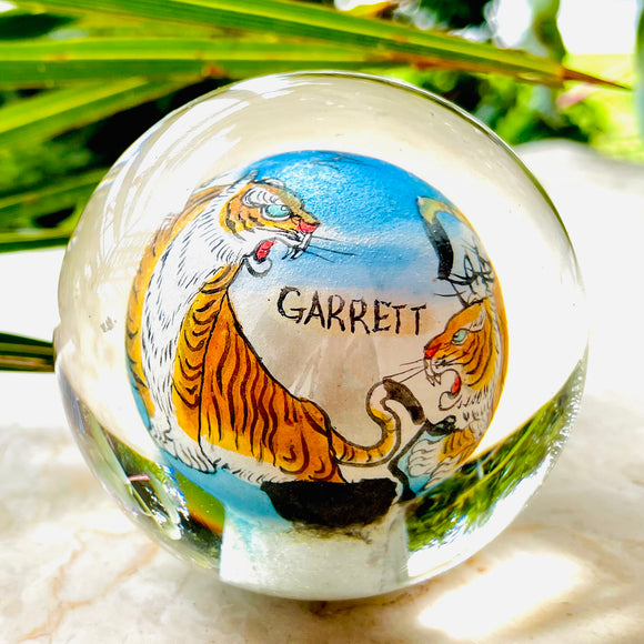 Vintage Reverse Hand Painted Tiger Crystal Ball Paperweight Art Signed Garrett