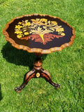 Antique Hand Painted Floral Bird Motif Round Wood Folding 3 footed Table