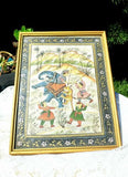 Vintage Indian Persian Hunting Scene Hand Painted On Silk Fabric Framed