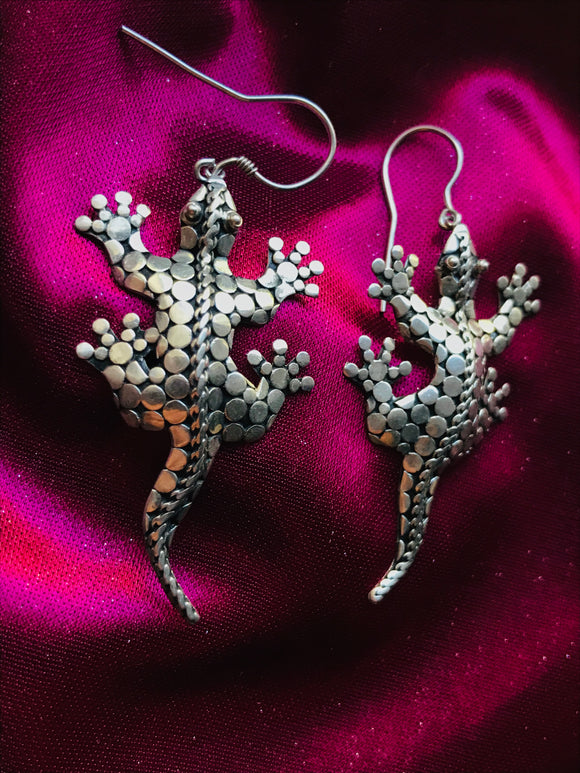 Vintage Sterling Silver Gecko Lizard Amphibian Reptile Dangle Pierced Earrings