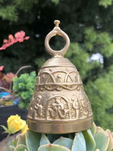 Vintage Ornate High Relief Dinner Bell Gold Brass Metal Etched Family Scene