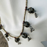 Vintage Silver Tone Beaded Bell Tribal Black & Red Bead Necklace