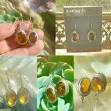 Sterling Silver 925 Bali Artisan Yellow Orange Gem Stone Dangle Drop Earrings