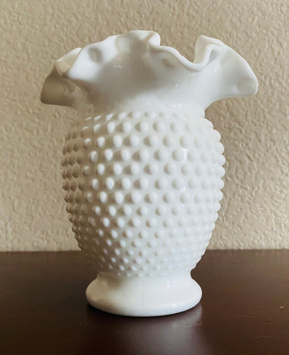Vintage Hobnail White Milk Glass Ruffled Top Vase