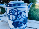 Vintage Japanese Artist Signed Blue White Painted Asian Children Ceramic Tea Pot