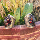 Sterling Silver Signed 925 Marcasite Red Garnet Stone Flower Ring 17g Size 5.5