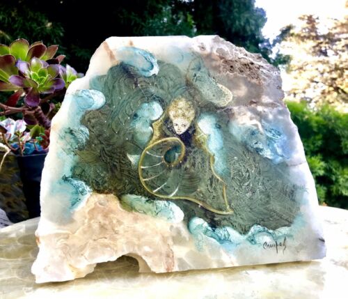 Spectacular Orgnl Hand Painted Mermaid on Semi Precious Stone Slab Signed Campos