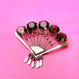 Signed P.L Silver Plum Chocolate Faceted 5 StoneColored Gold Tone Fan Brooch Pin