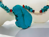 Chunky Turquoise Tone Artisan Shell Bead Red & White Beaded Fashion Necklace