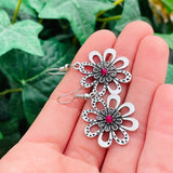 *Silver Tone Dainty Pink Stone Floral Pierced Fashion Earrings