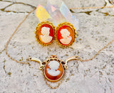 Vintage Gold Tone Victorian Lady Cameo Carved Shell Necklace Clip Earrings Set