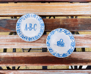Blue Ceramic Abc & Picnic Basket Signed BBP 1991 Trinket Dish Set of 2 Plates