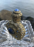 Vintage Ornate Art Deco Blue Stone Goldtone Glass Petite Perfume Bottle