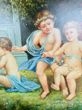 Vintage Original Cherub Angel Children Playing Garden Oil Painting On Canvas Art