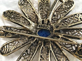 Vintage Signed ART Blue Stone Ornate Gold Tone Flower Brooch Pin