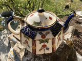 Gibsons Staffordshire England Octagon Royal Blue flowers Motif Gold Trim Teapot