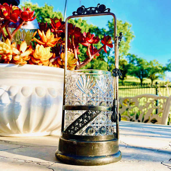 Aurora 1869 Decorative Glass Pickle Jar & Tongs Quadruple Silver Plate #0659