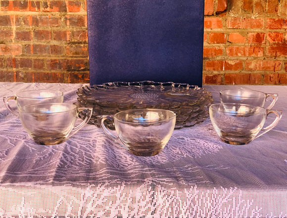 *Vintage Glass Floral Serve Ware Set of 4 Trays and 5 Tea Cups Coffee Mugs